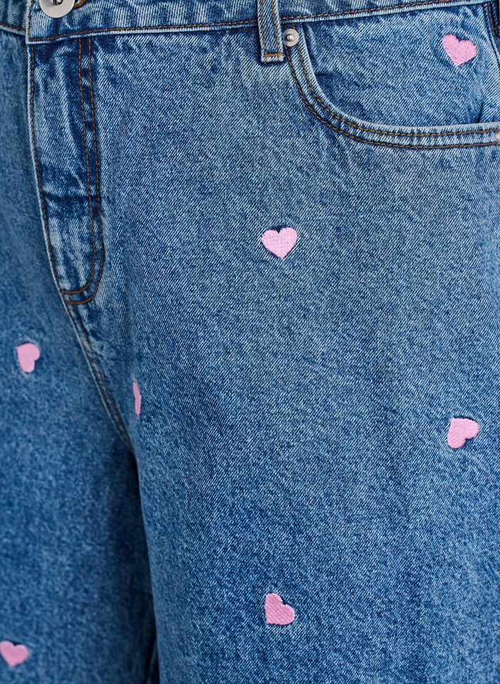 Dongerishorts med høy midje, med broderte hjerter, Light B. Pink Heart, Packshot