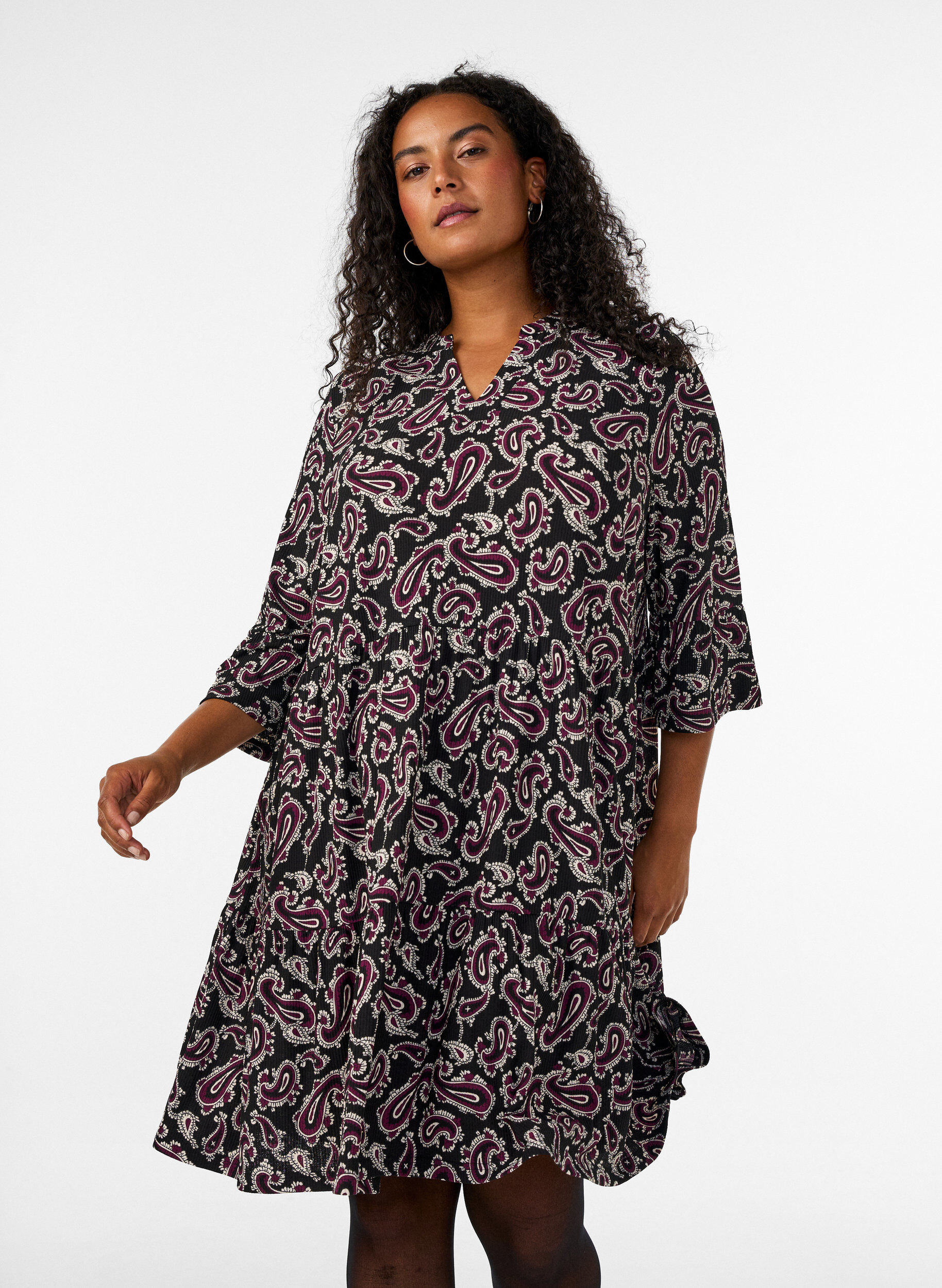 ZizziKort A-linjet jerseykjole med heldekkende print, M&oslash;rk Bordeaux, Model image number 0