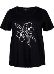 T-skjorte i bomull med motiv, Black w. Flower