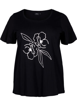T-skjorte i bomull med motiv, Black w. Flower, Packshot image number 0