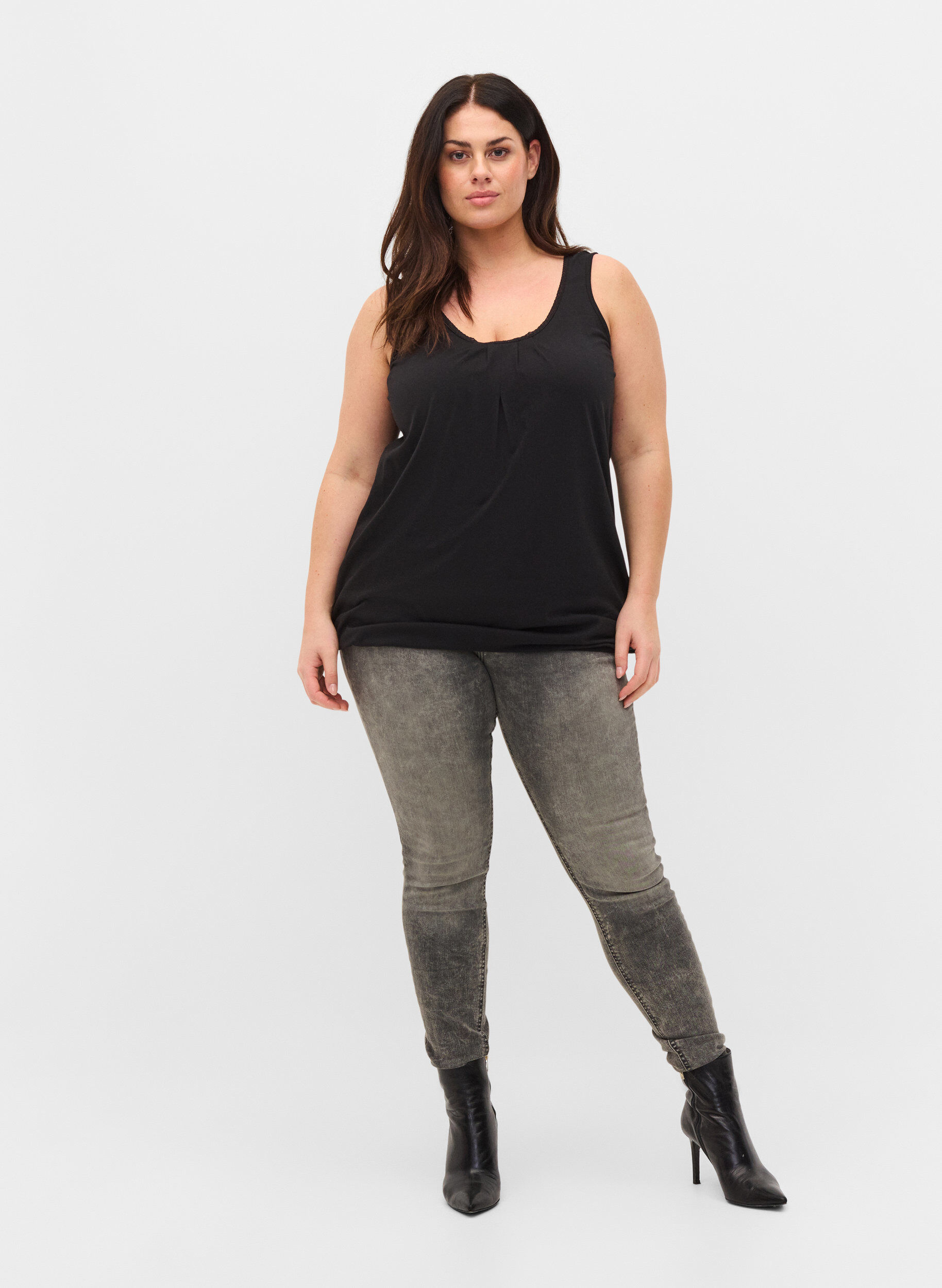 Zizzi Bomullstopp med rund hals og blondekant, Black, Model image number 2