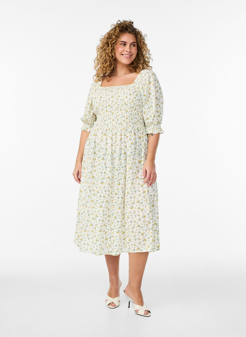 Blomstrete sommerkjole i viskose, Hvit, Model image number 0