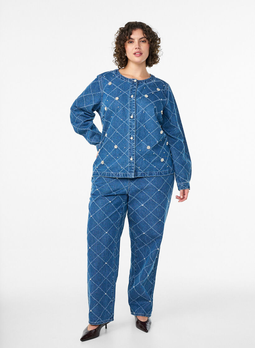 Denimskjorte med &oslash;delagt m&oslash;nster og perledetaljer, Bl&aring;, Model image number 1