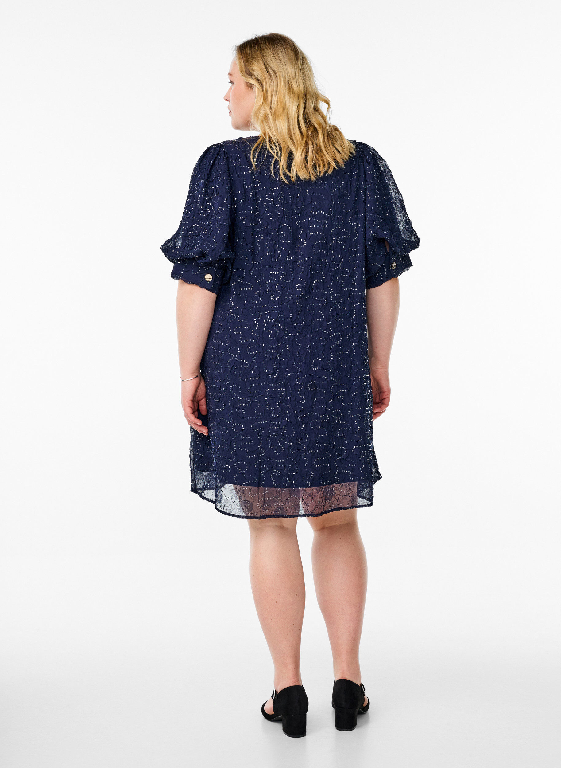 Zizzi Kort festkjole med paljetter, Bl&aring;, Model image number 2