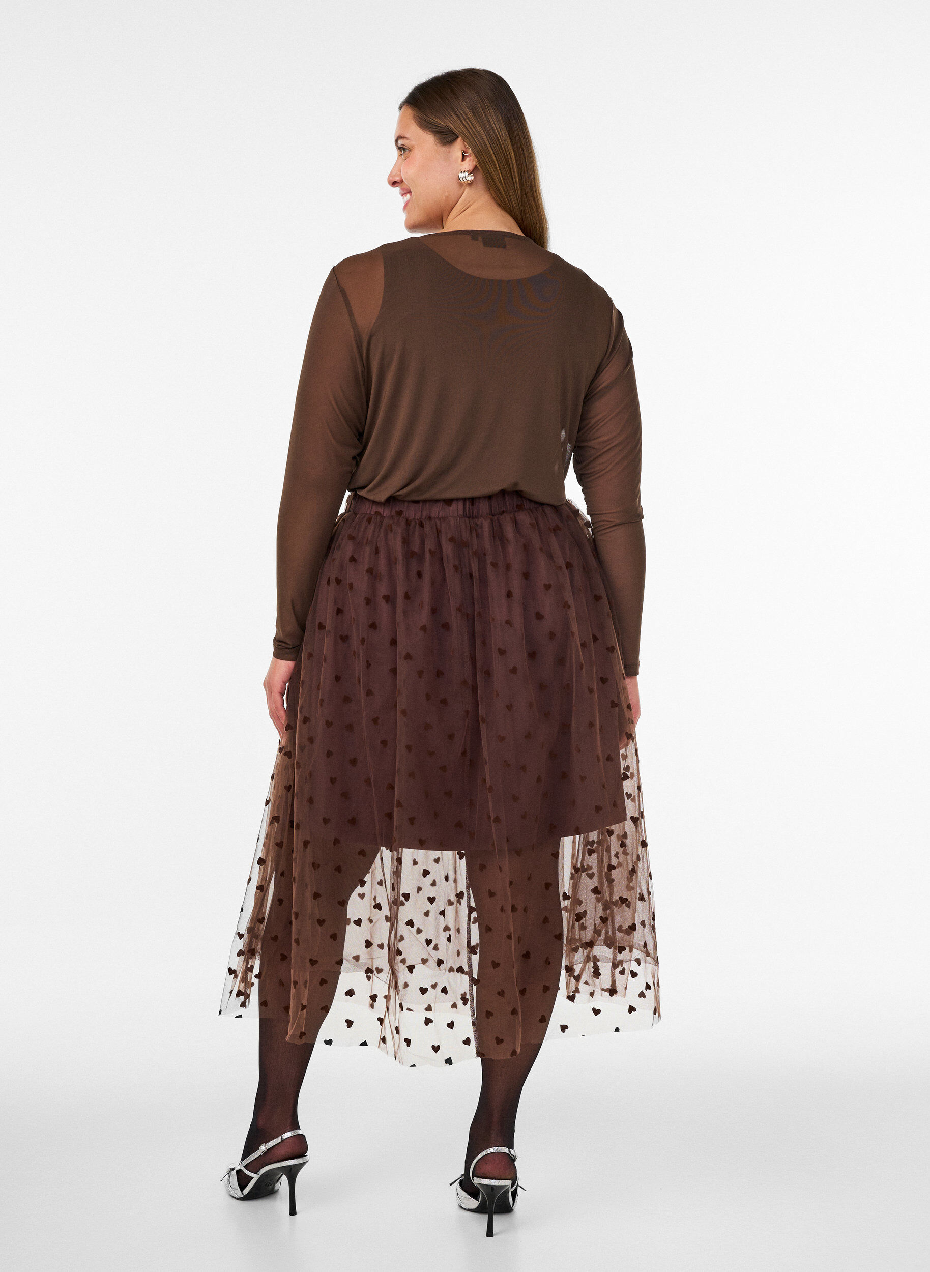 ZizziMidiskj&oslash;rt i tyll med hjerter, Brun, Model image number 2
