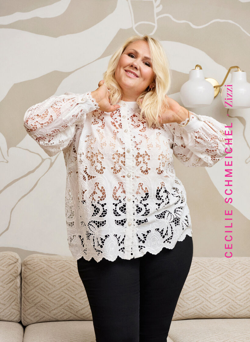 Langermet skjortebluse med blonder, White, Image image number 0