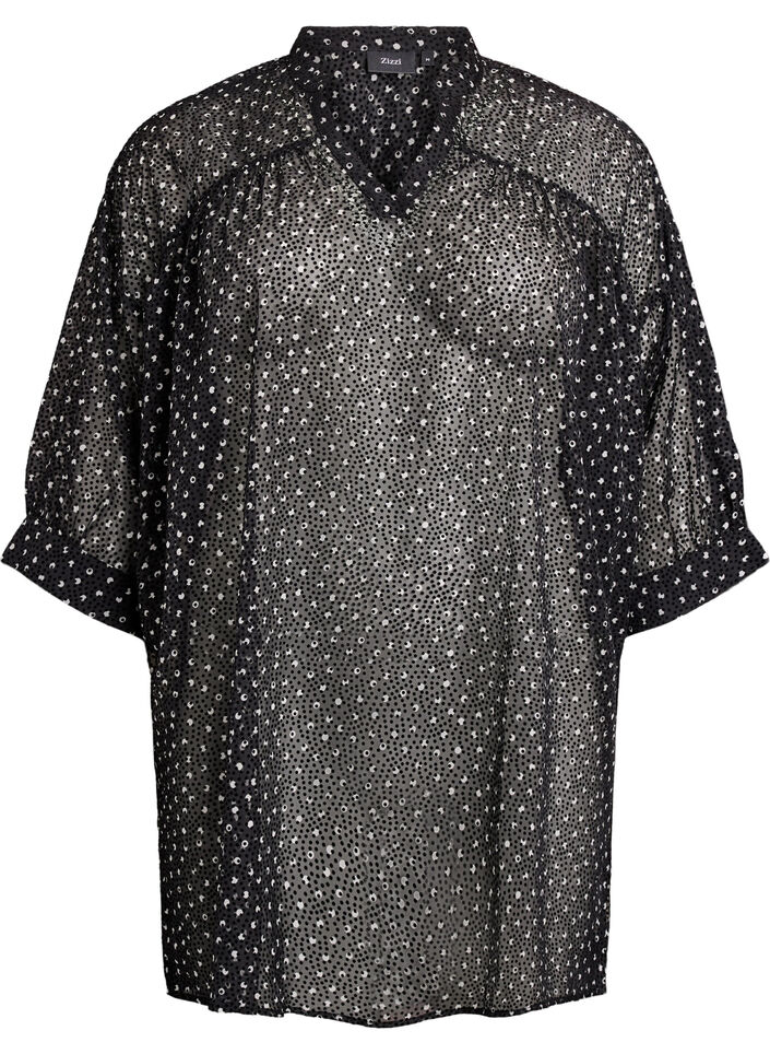 Chiffontunika med fløyelsprikket mønster, Svart, Packshot image number 0