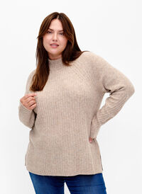 Genser med turtleneck og ribbestrikket struktur	, Simply Taupe Mel., Model