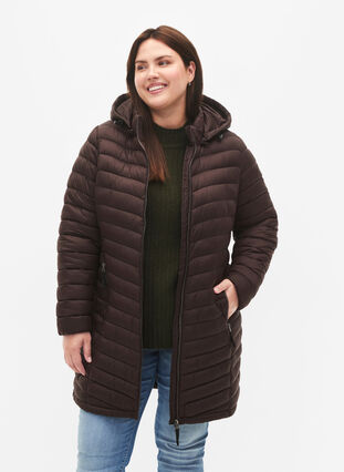 Lettvektsjakke med lommer og avtakbar hette, Black Coffee, Model image number 0