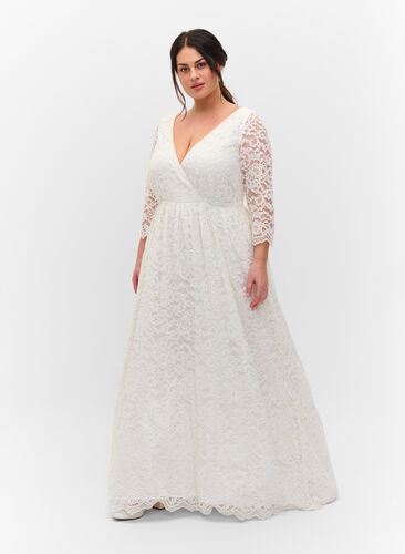 Brudekjole med blonder og 3/4-ermer, Star White, Model image number 0