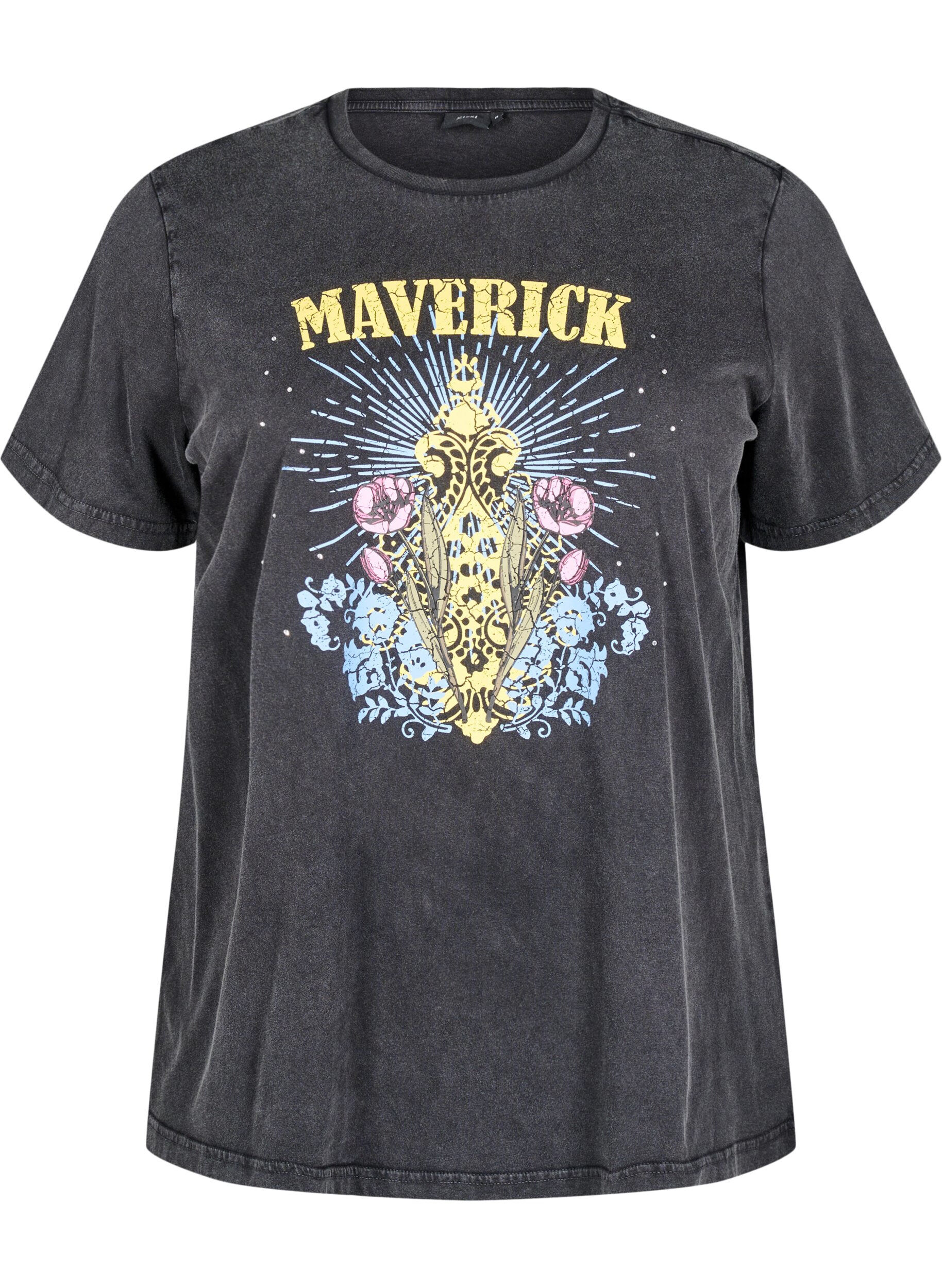 Zizzi T-skjorte i organisk bomull med grafisk trykk, Gr&aring;, Packshot image number 0