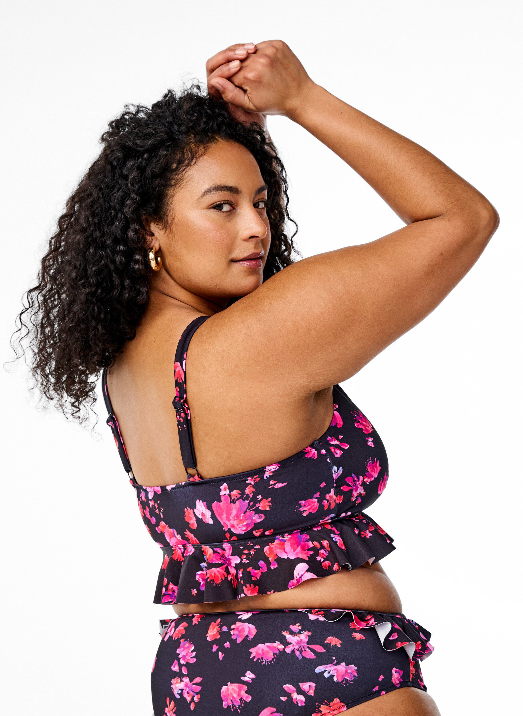 Zizzi Blomstret bikinioverdel med volangkant, Rosa, Model image number 2