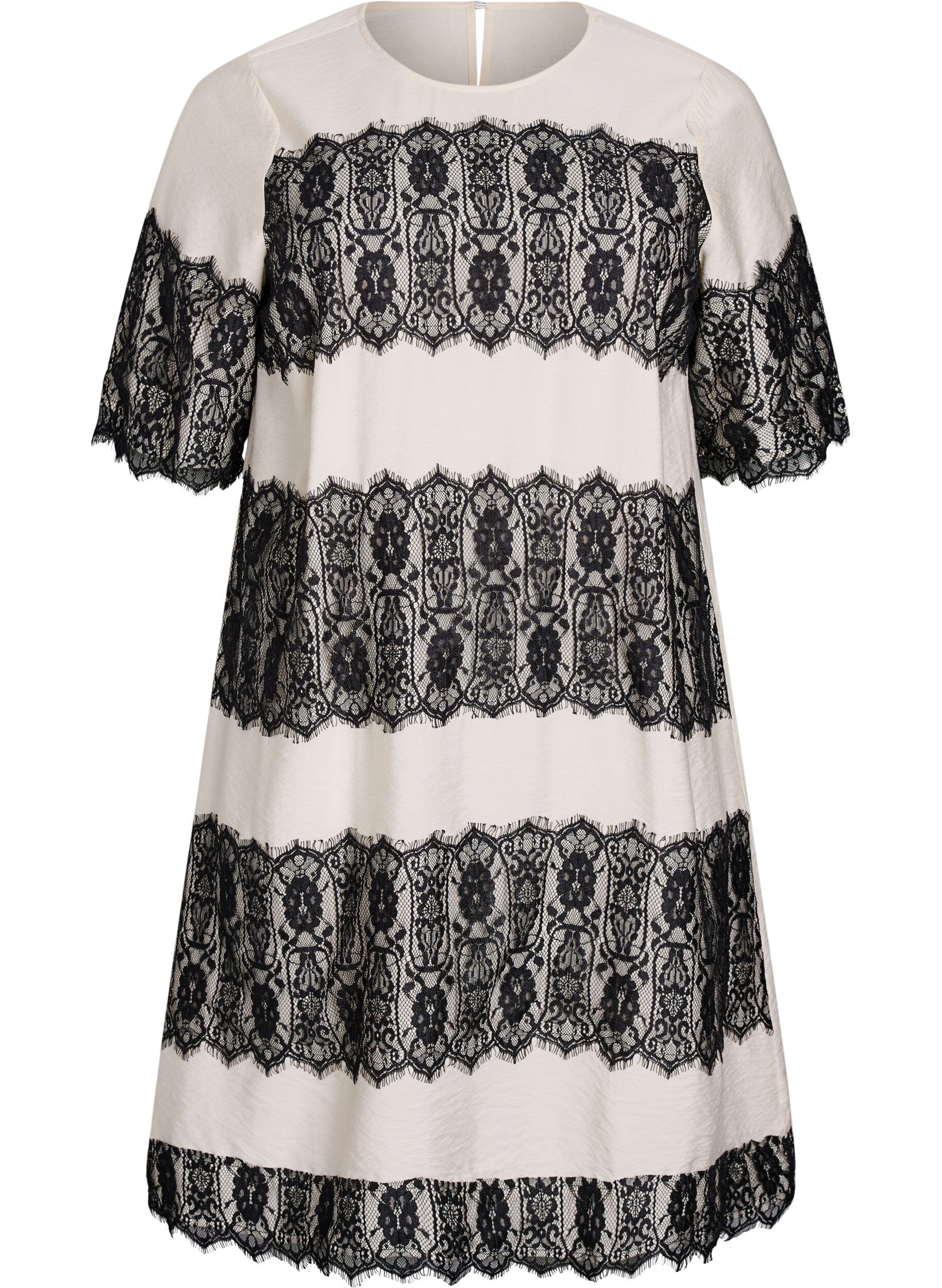 Kort kjole med kontrasterende blonderpaneler