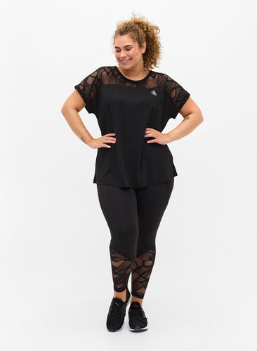 Cropped tights med mønstret mesh, Black, Model image number 0