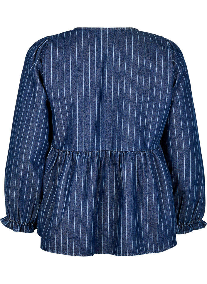 Stripete denimbluse med knyting foran, Blå, Packshot image number 1