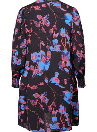 Blomstrete viskosekjole med V-hals, Blue Orange AOP, Packshot image number 1