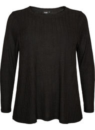 Jerseybluse med ribbestruktur og lange ermer, Svart