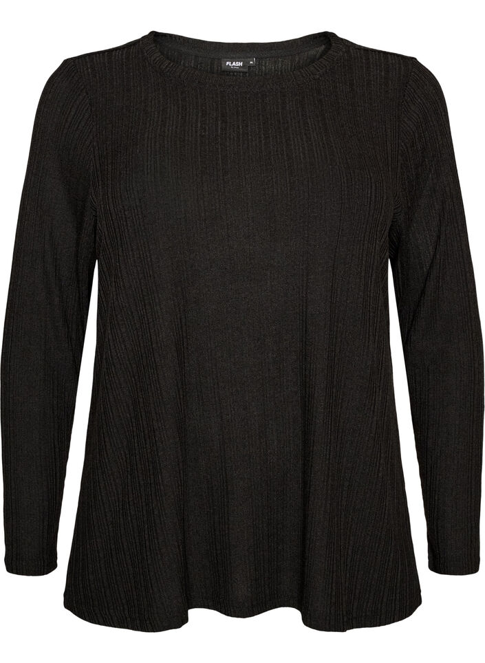 Jerseybluse med ribbestruktur og lange ermer, Svart, Packshot image number 0