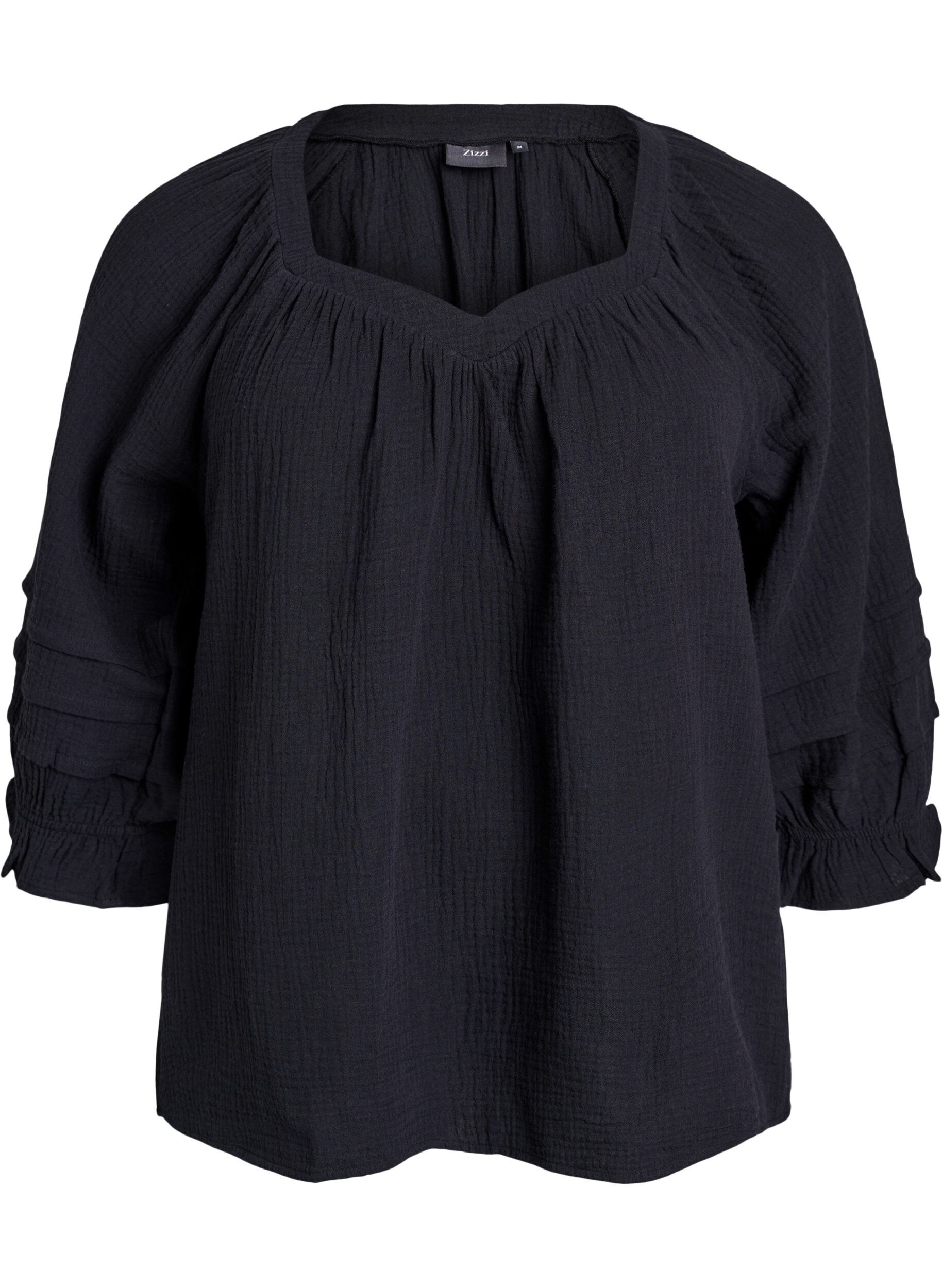 Zizzi Bluse i bomullsmusselin med 3/4 ermer, Black, Packshot image number 0