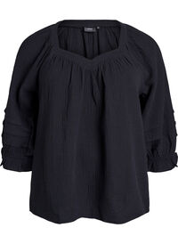 Bluse i bomullsmusselin med 3/4 ermer, Black Bluse i bomullsmusselin med 3/4 ermer