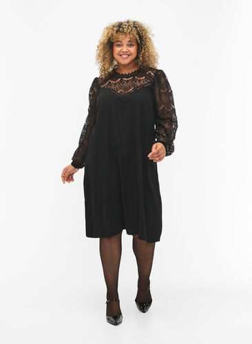 Langermet kjole med blonder, Black, Model image number 3