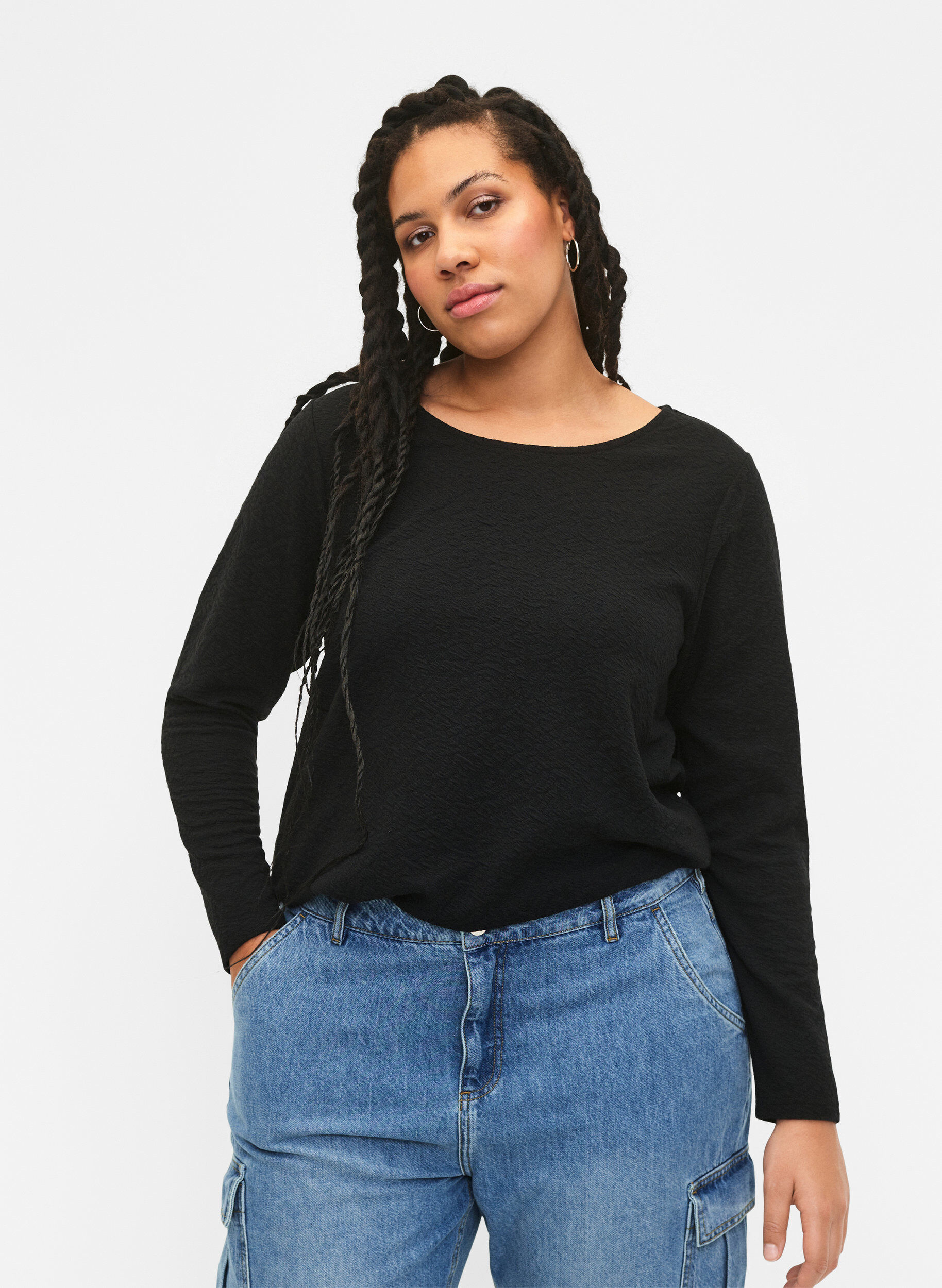 Zizzi Langermet bluse med tekstur, Svart, Model image number 3