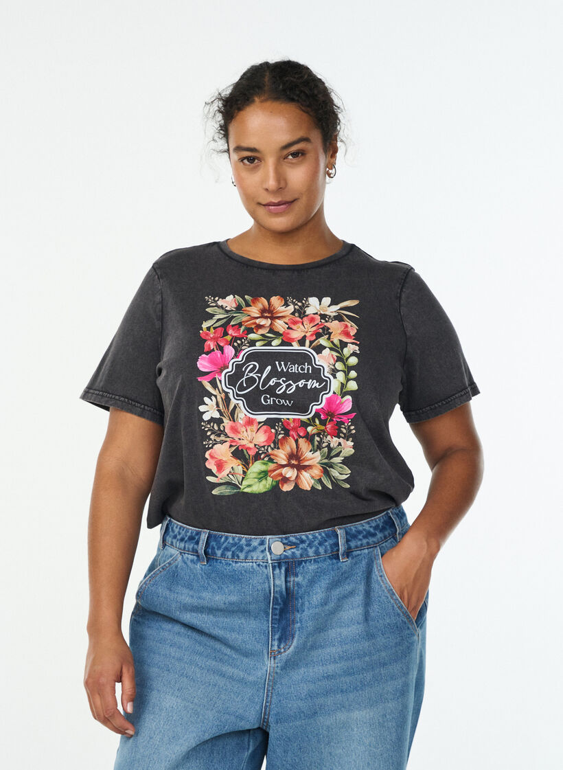 &Oslash;kologisk bomulls-T-skjorte med trykk, Gr&aring;, Model