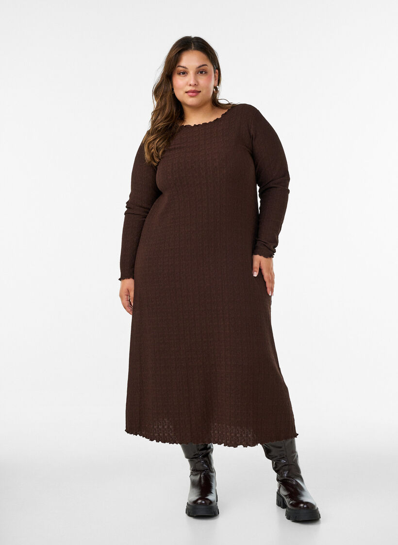 Midikjole med b&oslash;lget tekstur og lange ermer, Brun, Model image number 1