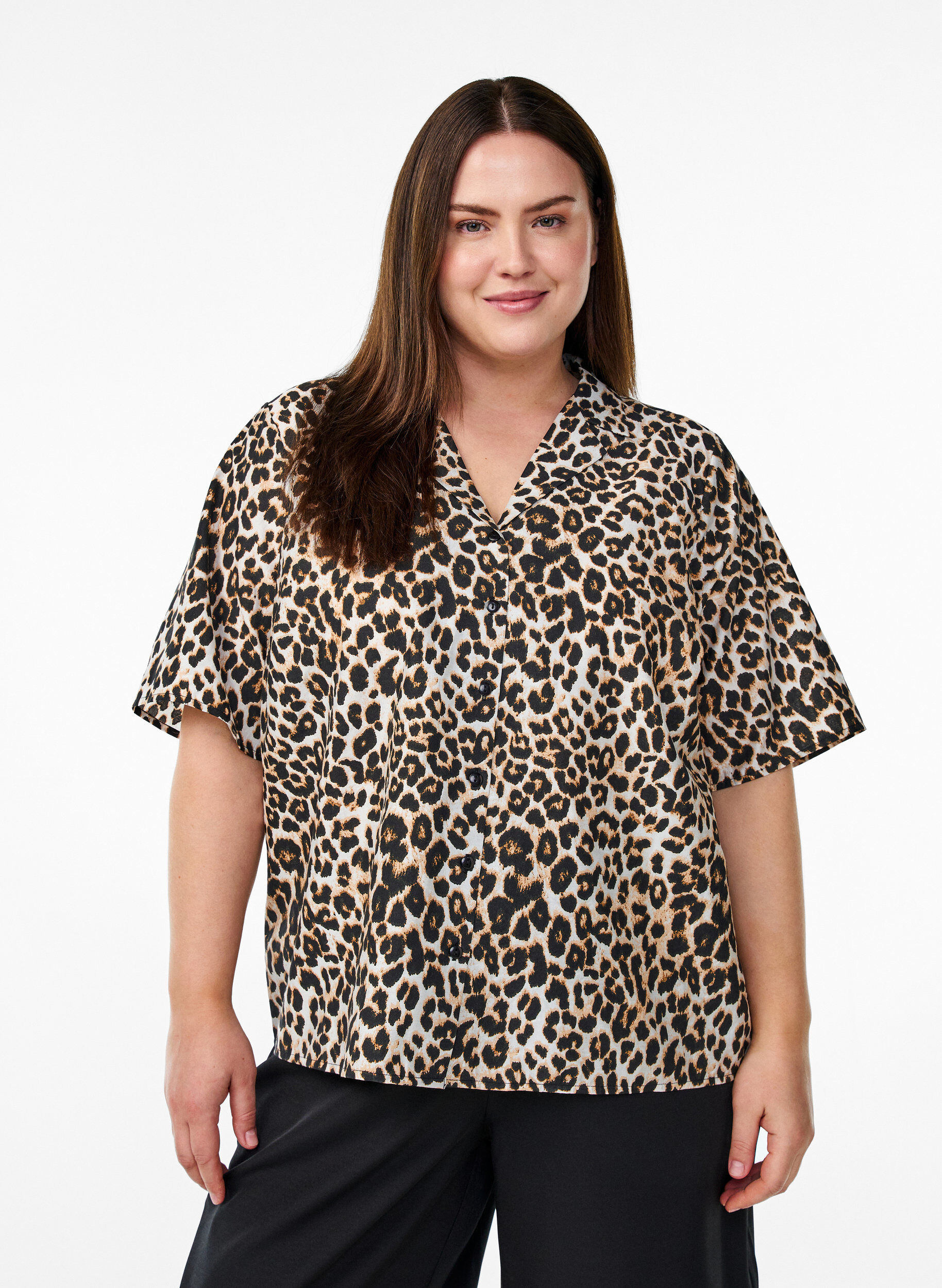 Skjorte bluse med print og V-hals, Brun, Model
