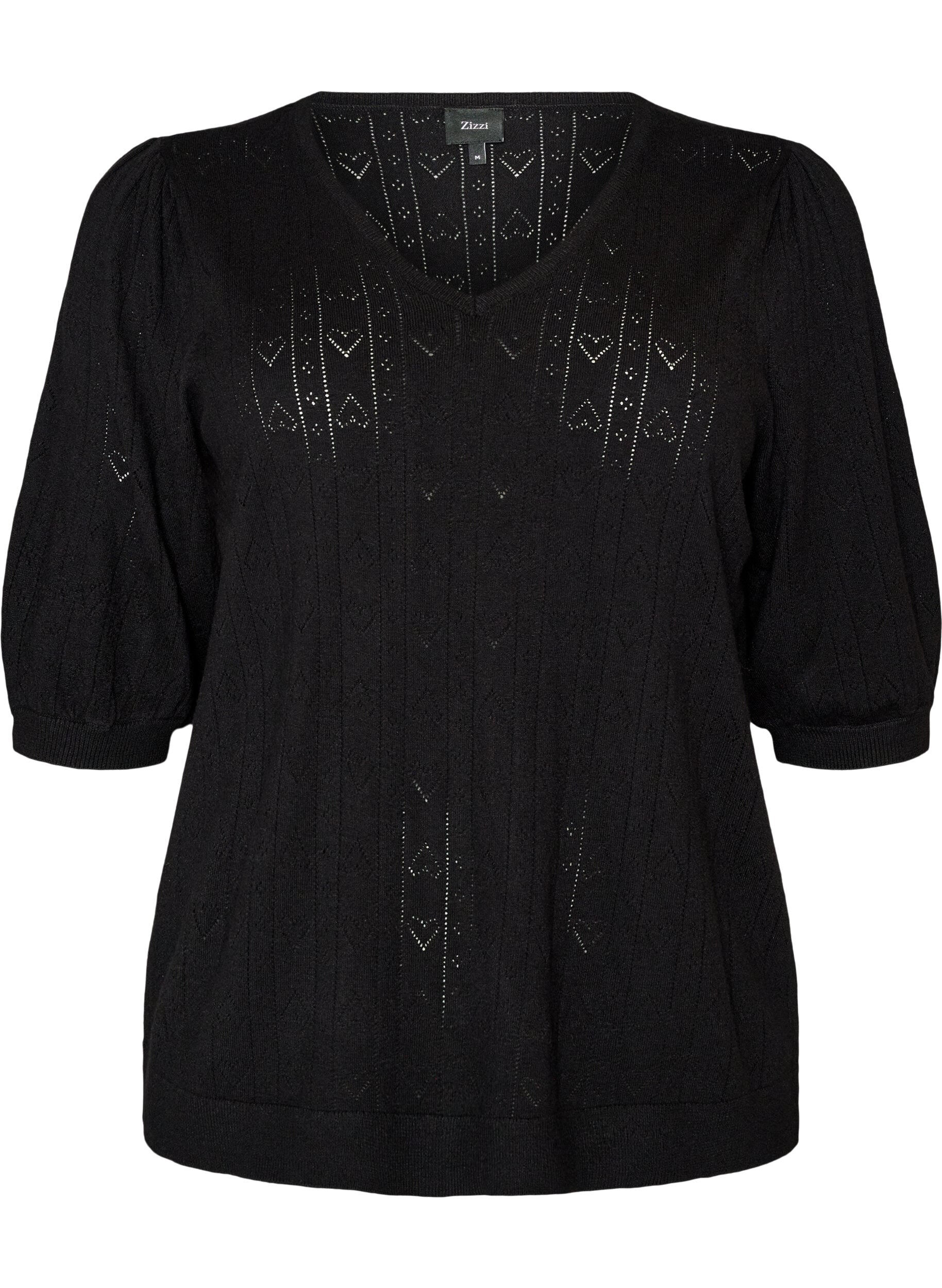ZizziKortermet strikkebluse med pointellem&oslash;nster, Svart, Packshot image number 0