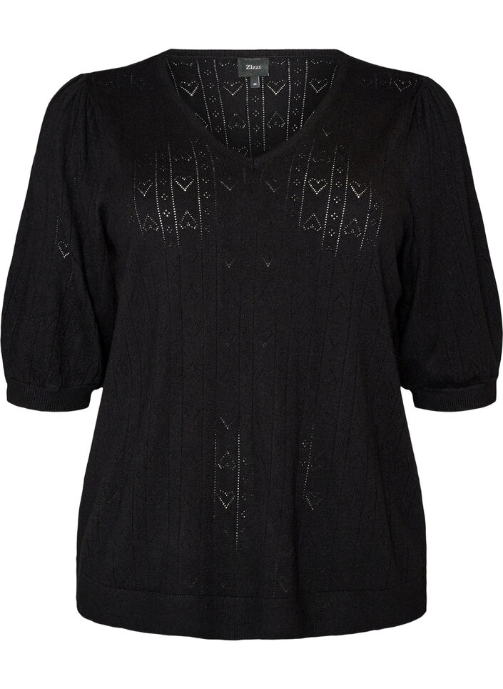 Kortermet strikkebluse med pointellem&oslash;nster, Svart, Packshot image number 0