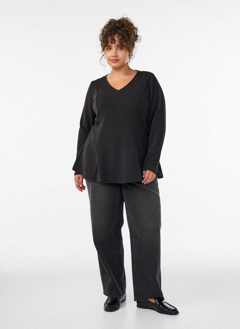 Jersey bluse med ribbet tekstur og A-linje passform, Svart, Model image number 1