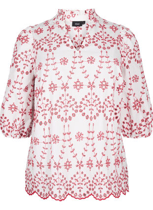 Bluse med trekvartlange ermer og kontrastfarget engelsk broderi, White w. Red, Packshot image number 0