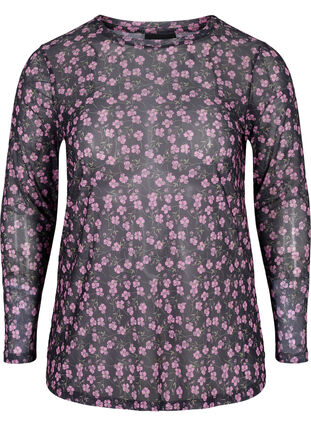 Langermet bluse i mesh med blomstermønster, Flower AOP, Packshot image number 0
