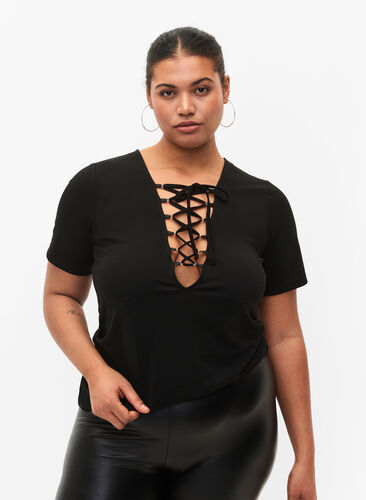 Kortermet bluse med knyting, Black, Model image number 0