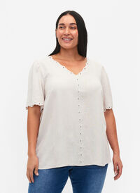 Bluse i viskose- og linblanding med broderi, Moonbeam, Model