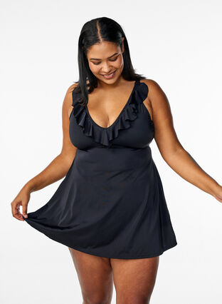 Zizzi Svømmekjole med volanger og avtagbar polstring, Svart, Model image number 0