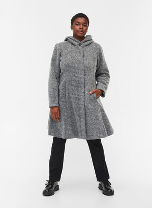 Lang jakke med ull og hette, Light Grey Melange, Model image number 3