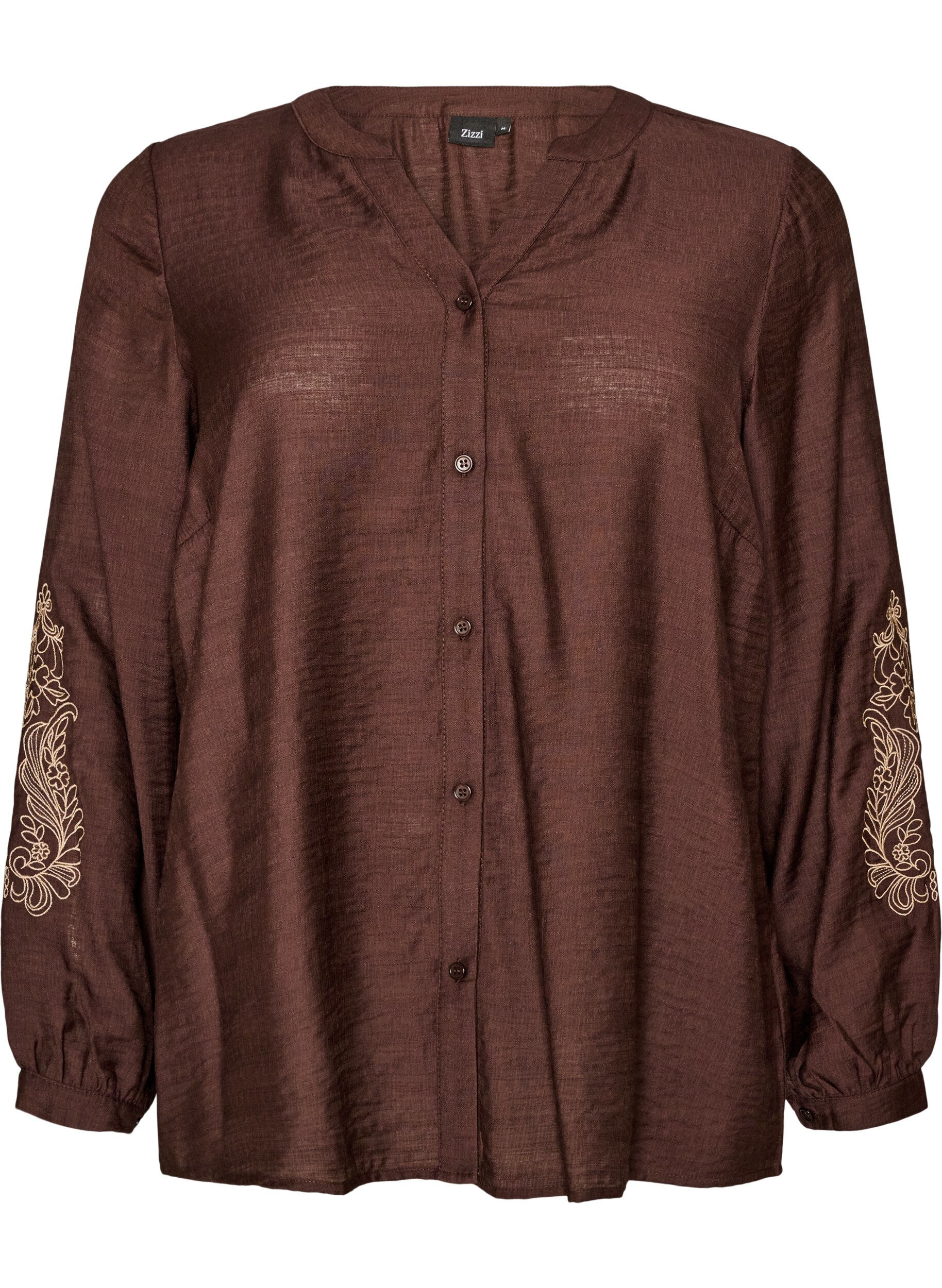 ZizziViskoseskjorte med broderte ermer, Brun, Packshot image number 0
