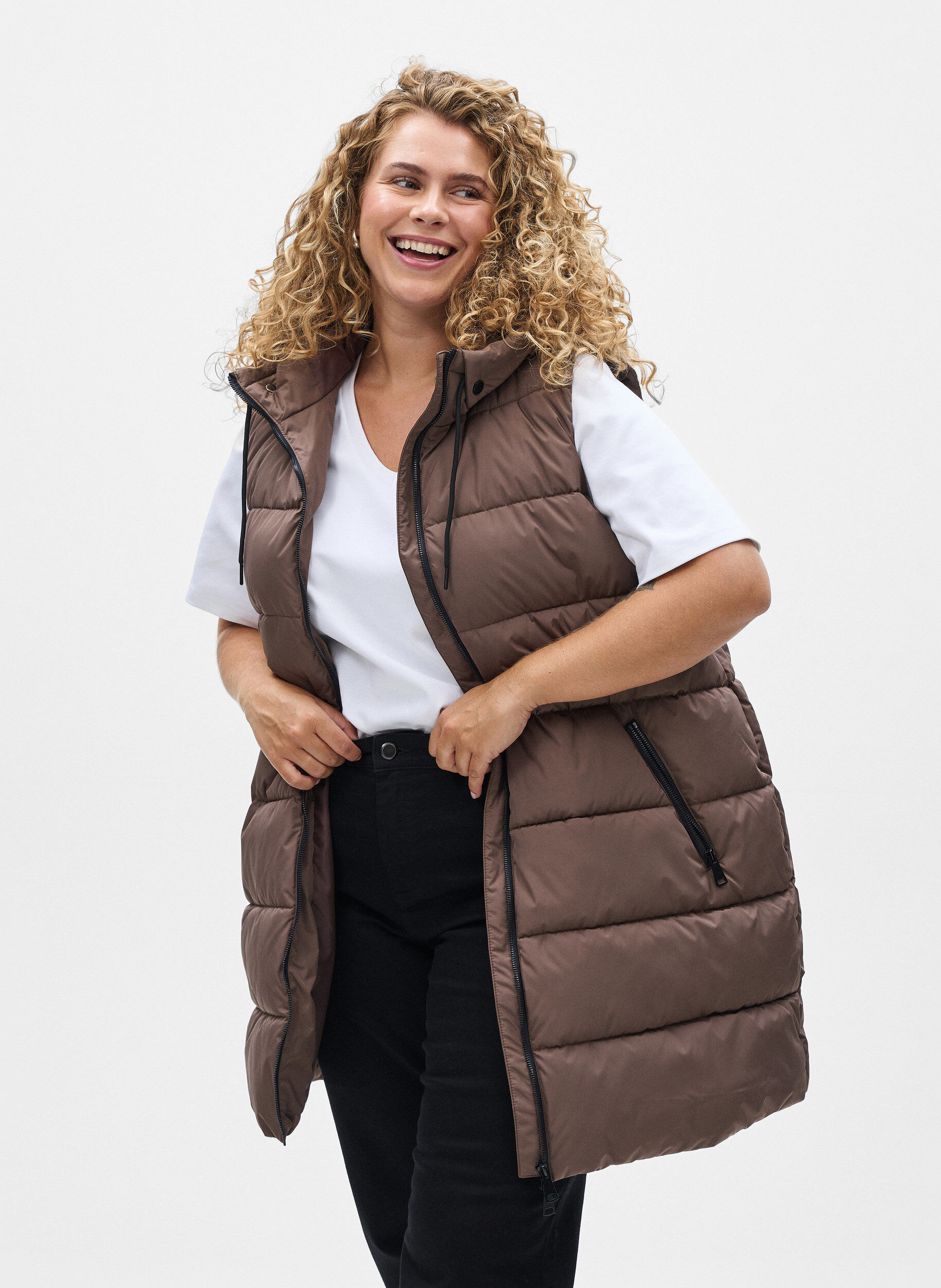 Zizzi Lang vest med hette og lommer, Brun, Model image number 0