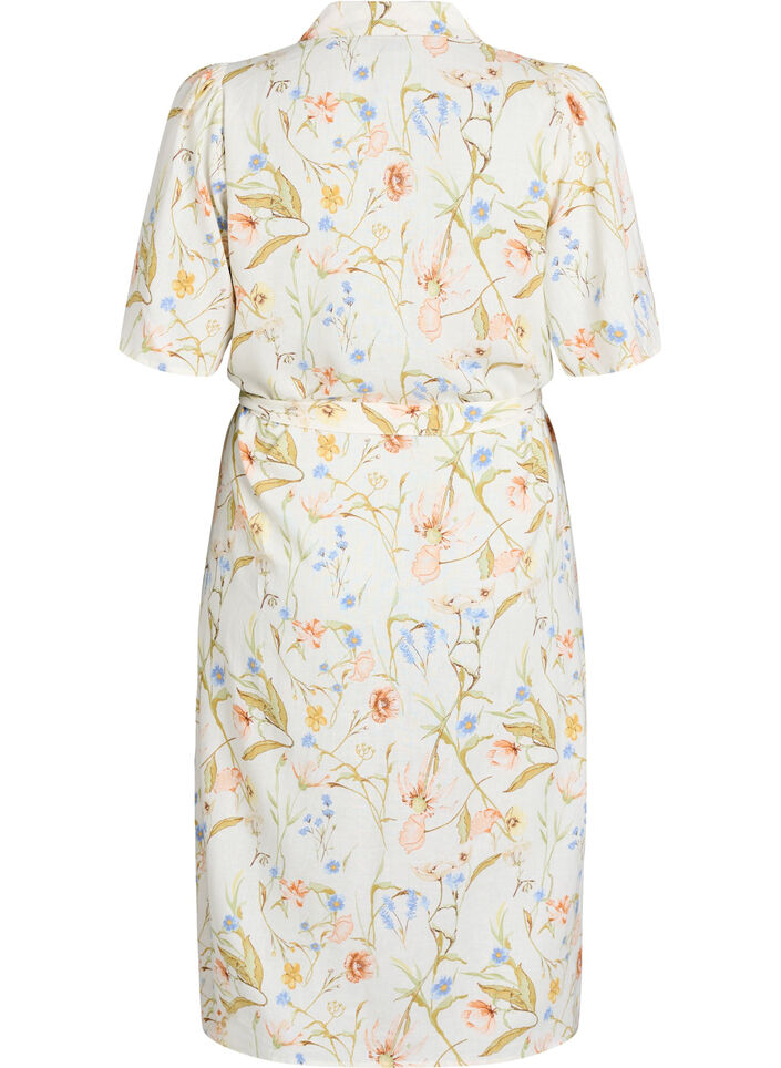 Skjortekjole i lin og viskose med knytebelte, Vanilje, Packshot image number 1