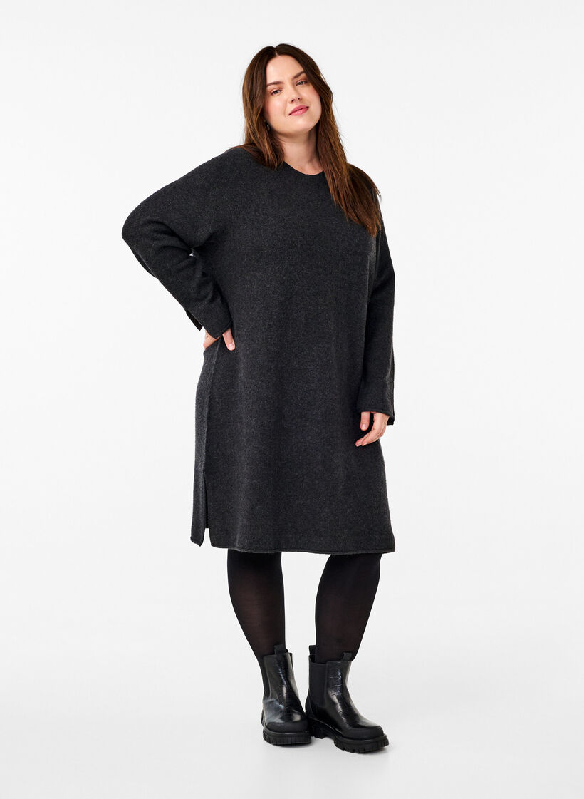 Strikket kjole med rund hals og splitt, Dark Grey Melange, Model image number 2