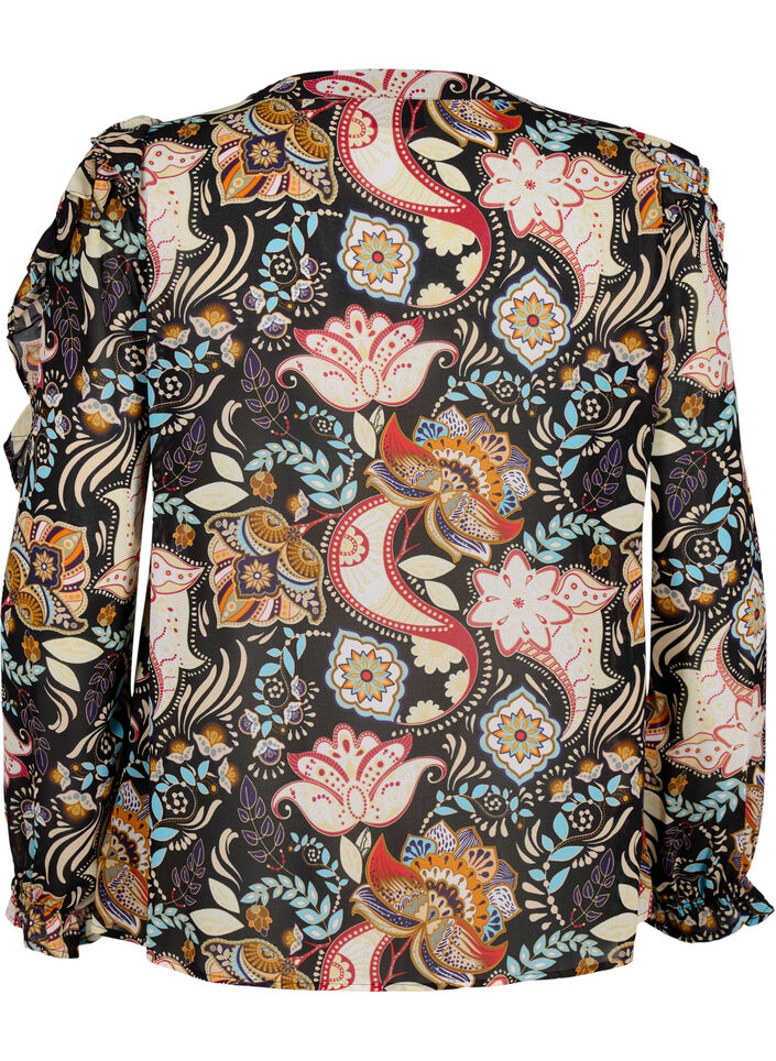 Skjortebluse med volanger og paisleym&oslash;nster, Black Paisley, Packshot image number 1