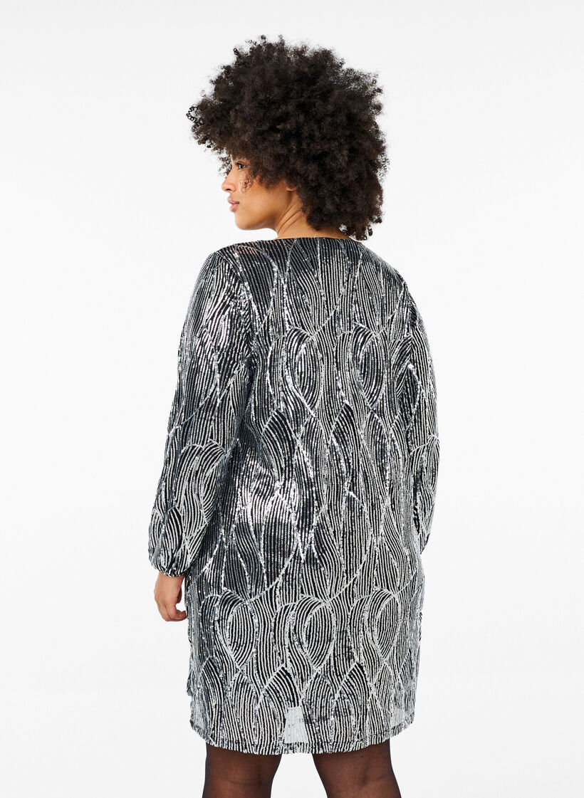 Langermet paljettkjole med mønster, Silver Sequins, Model image number 1