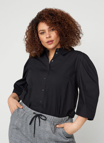 Bomullsskjorte med 3/4-puffermer, Black, Model image number 0