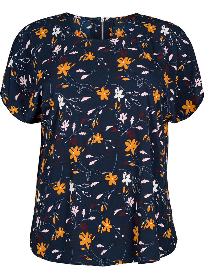 Kortermet bluse med blomstertrykk, Sky Captain Flower, Packshot image number 0