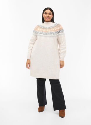 Mønstret strikket kjole med lange ermer, Birch Mel. Comb, Model image number 2