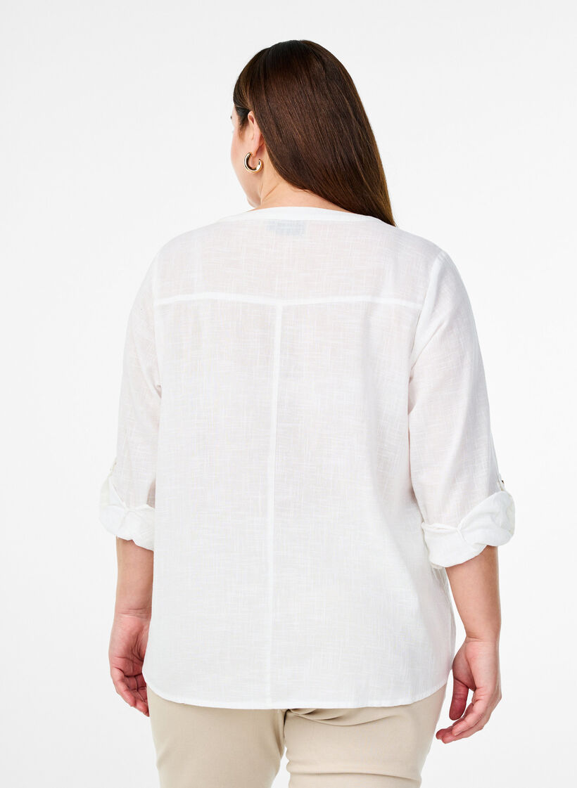 Bomullsbluse med V-hals, Hvit, Model image number 2