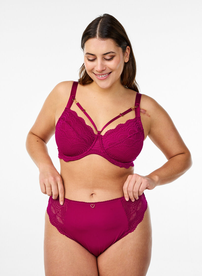 Heldekkende BH med blonder og stringdetaljer, Boysenberry, Model