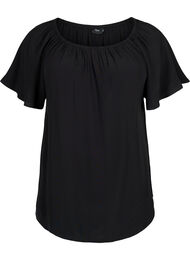Ensfarget viskosebluse med korte ermer, Black